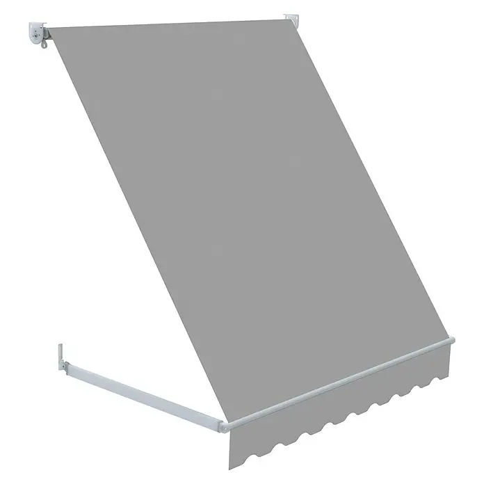 SmartSun Toldo ventana Essential - Gris, Ancho: 1,2 m, Caída: 1,2 m - Imagen de un toldo gris con marco blanco. El toldo está extendido, proporcionando sombra. Perfecto para espacios exteriores.