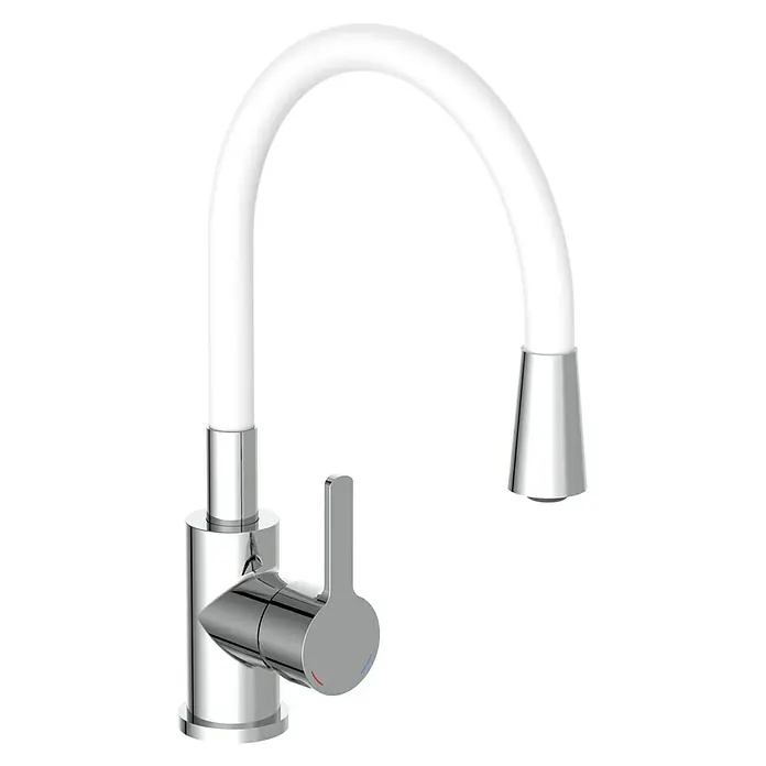 Camargue Spültischarmatur Flexo - Weiß/Chrom, Glänzend - Nahaufnahme einer eleganten Spültischarmatur mit weißem, flexiblem Auslauf und Chrom-Finish, ideal für moderne Küchen.