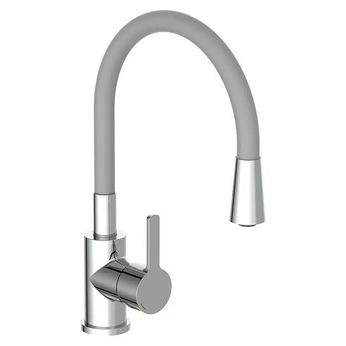 Camargue Spültischarmatur Flexo - Grau/Chrom, Glänzend - Einarmiger Küchenmischhebel mit grauem Silikonschlauch und glänzenden Chromdetails für moderne Küchen.