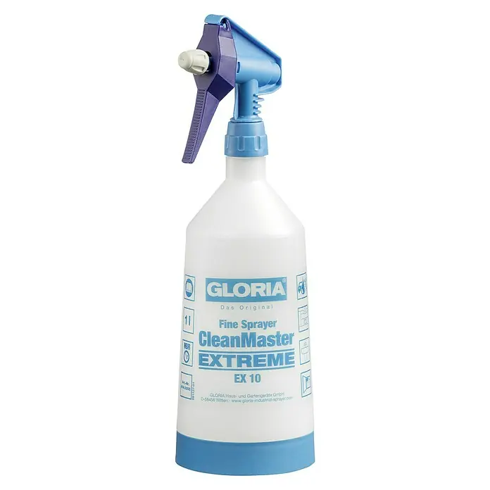 Gloria Feinsprüher Clean Master EXTREME EX 10 - Füllmenge: 1 l, Geeignet für: Desinfektionsmittel - Nahaufnahme einer Gloria CleanMaster EX 10 Sprühflasche, ideal für die Reinigung, mit blauem und lila Sprühkopf und klarem Design.