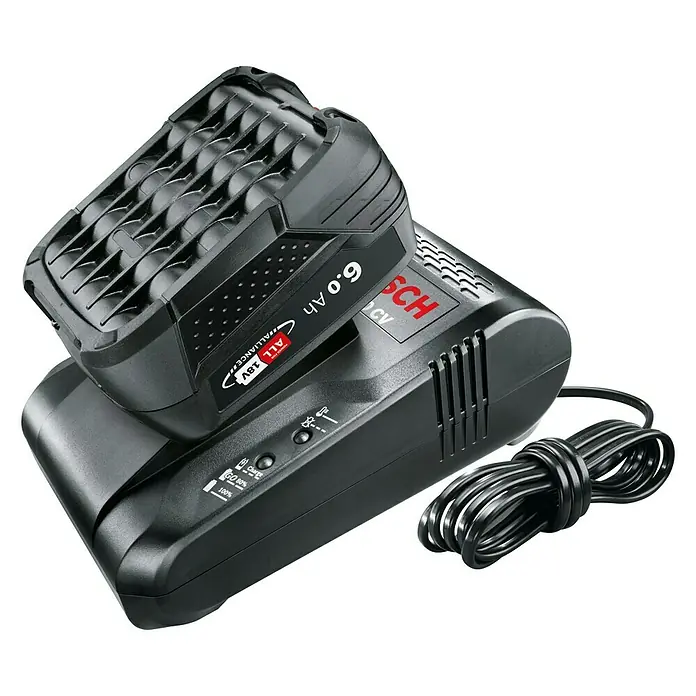 Bosch Power for All 18V Ladegerät AL 1880 CV - Passend für: Bosch Heimwerker- & Gartengeräte-Akkus 14,4/18 V - Das Bild zeigt ein Bosch 18V-Akkuladegerät mit einem 6.0 Ah Akku. Das Ladegerät ist schwarz und hat ein Kabel.