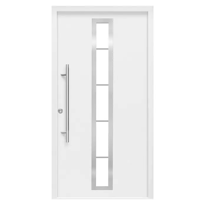 Splendoor Haustür Thermodoor PLUS SP70 - 100 x 210 cm, DIN Anschlag: Links, Verkehrsweiß - Moderne weiße Haustür mit schmalem, senkrechtem Fensterbereich und langem, geradem Griff. Elegantes Design für einen stilvollen Eingangsbereich.