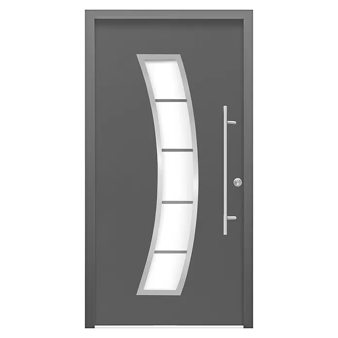 Splendoor Haustür Thermodoor PLUS SP10 - 110 x 210 cm, DIN Anschlag: Rechts, Anthrazitgrau Feinstruktur - Graue moderne Haustür mit einem vertikalen, geschwungenen, weißen Glaseinsatz und einem langen, silbernen Türgriff.