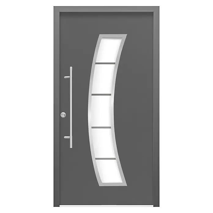 Splendoor Haustür Thermodoor PLUS SP10 - 110 x 210 cm, DIN Anschlag: Links, Anthrazitgrau Feinstruktur - Moderne graue Haustür mit einem eleganten, geschwungenen Designelement mit Glasfenstern und einem silbernen Türgriff.