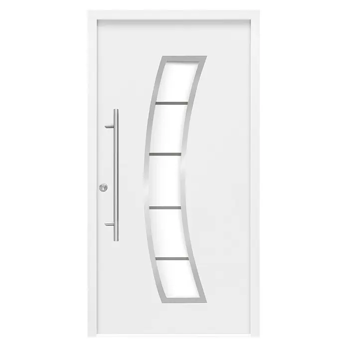 Splendoor Haustür Thermodoor PLUS SP10 - 110 x 210 cm, DIN Anschlag: Links, Verkehrsweiß - Moderne weiße Haustür mit Edelstahlgriff und einem geschwungenen Glaseinsatz mit horizontalen Sprossen. Elegantes Design für ein stilvolles Zuhause.
