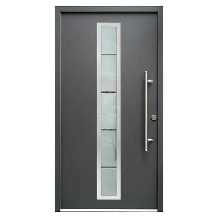 Splendoor Haustür Thermodoor PLUS SP70 - 110 x 210 cm, DIN Anschlag: Rechts, Anthrazitgrau Feinstruktur - Graue Haustür mit senkrechtem Glaseinsatz und langem, silberfarbenem Griff.