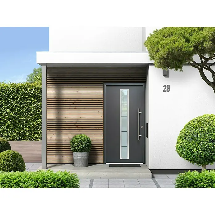 Splendoor Haustür Thermodoor PLUS SP70 - 110 x 210 cm, DIN Anschlag: Rechts, Anthrazitgrau Feinstruktur - Graue Haustür mit Glaseinsatz und silbernem Türgriff vor modernem Haus mit Holzelementen und gepflegtem Garten.