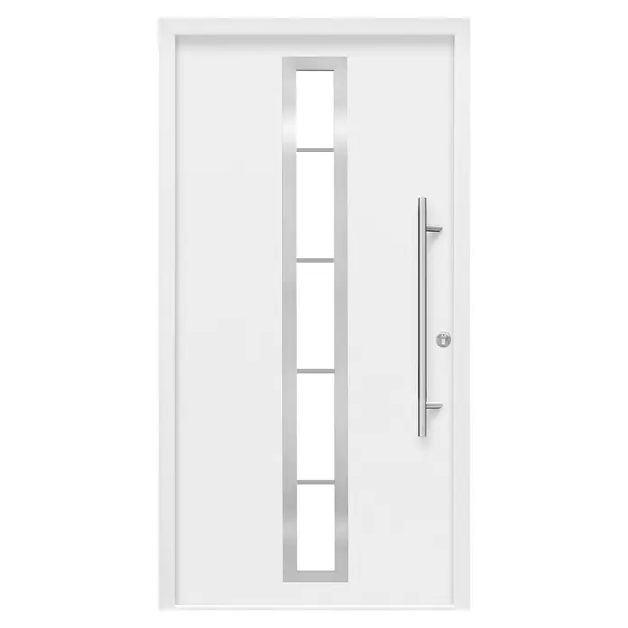 Splendoor Haustür Thermodoor PLUS SP70 - 100 x 210 cm, DIN Anschlag: Rechts, Verkehrsweiß - Weiße Haustür mit vertikalem Glaseinsatz und Edelstahlgriff für einen modernen Look. Die Tür ist schlicht und elegant gestaltet.