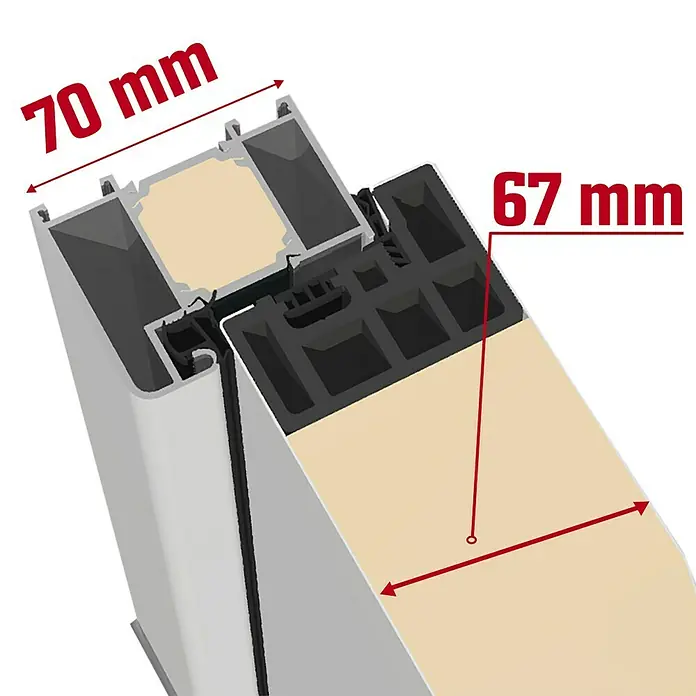 Splendoor Haustür Thermodoor PLUS SP70 - 110 x 210 cm, DIN Anschlag: Rechts, Verkehrsweiß - Produktansicht mit Größenangaben: Das Profil hat eine Breite von 70 mm und eine Tiefe von 67 mm.