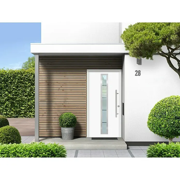 Splendoor Haustür Thermodoor PLUS SP70 - 110 x 210 cm, DIN Anschlag: Rechts, Verkehrsweiß - Moderne Haustür in Weiß mit Glaseinsatz und Edelstahlgriff, eingebettet in eine stilvolle Fassade mit Holzelementen.