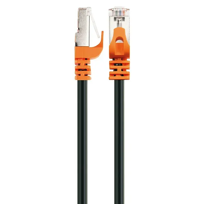 Schwaiger Netzwerk-Kabel CAT 7 - 2 m, Schwarz, RJ45-Stecker, Bis zu 10 Gbit/s - Ein Bild von zwei RJ45 Netzwerkkabeln mit schwarzen Kabeln und orangen Verbindungsstücken, die auf einem schwarzen Hintergrund liegen.