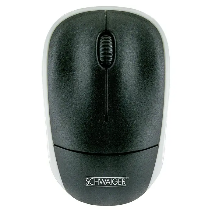Schwaiger PC-Maus Kabel - Schwarz, 60 x 100 x 38 mm, Kabellänge: 1,35 m - Draufsicht einer Computermaus der Marke Schwaiger in Schwarz und Weiß mit einem Scrollrad in der Mitte.