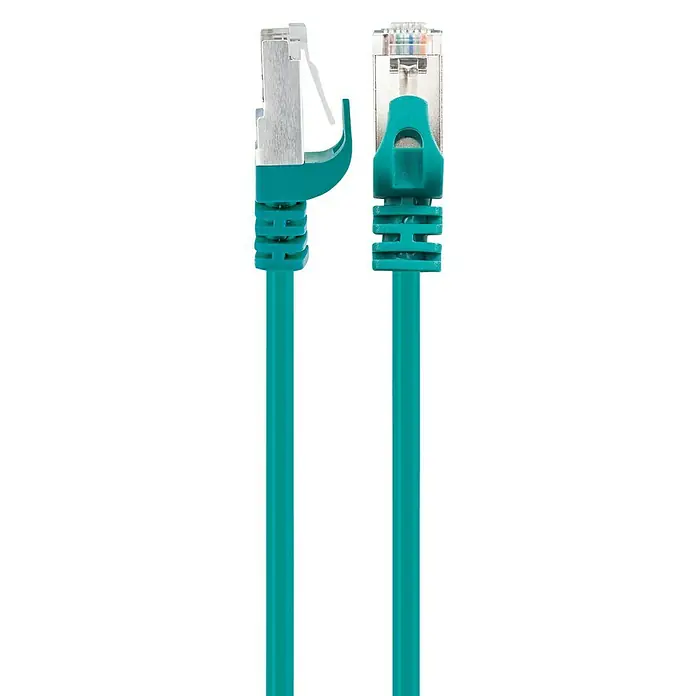 Schwaiger Netzwerk-Kabel CAT6 Slim - 2 m, Grün, RJ45-Stecker, Bis zu 1 GBit/s - Nahaufnahme von zwei türkisfarbenen Ethernet-Kabeln mit RJ45-Steckern auf einem schwarzen Hintergrund. Ideal für Netzwerke und Datenübertragung.