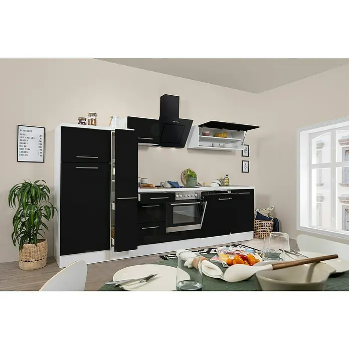 Respekta Premium Küchenzeile RP310WSCBO - Breite: 310 cm, Schwarz, Mit Elektrogeräten - Dieses Bild zeigt eine moderne Küche mit schwarzen Fronten und weißen Rahmen. Die Küche ist mit modernen Geräten ausgestattet.