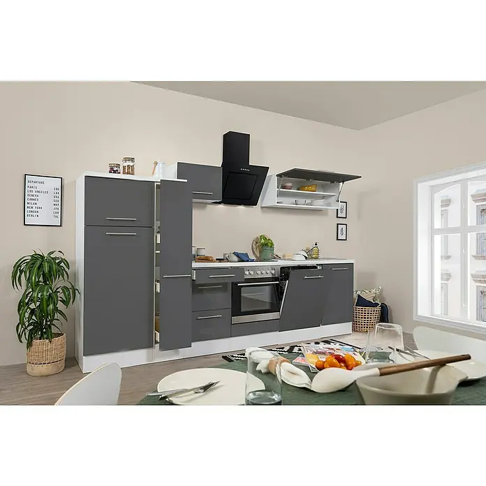 Respekta Premium Küchenzeile RP310WGCBO - Breite: 310 cm, Grau, Mit Elektrogeräten - Eine moderne Küche in Grau und Weiß mit Küchengeräten und einem Esstisch im Vordergrund.