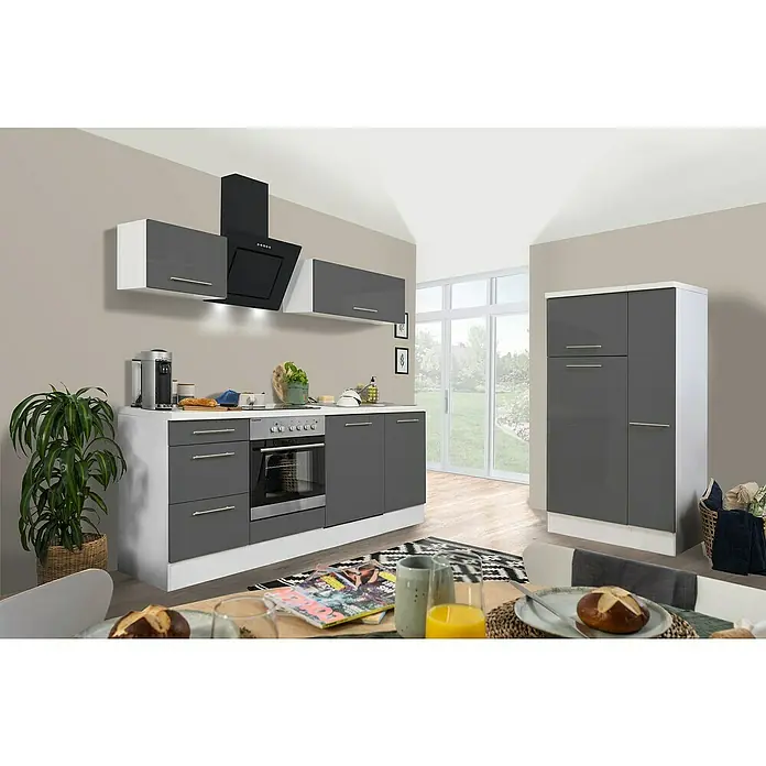 Respekta Premium Küchenzeile RP310WGCBO - Breite: 310 cm, Grau, Mit Elektrogeräten - Elegante Küche mit grauen Schränken und modernen Geräten, die eine stilvolle und funktionale Raumlösung bietet.