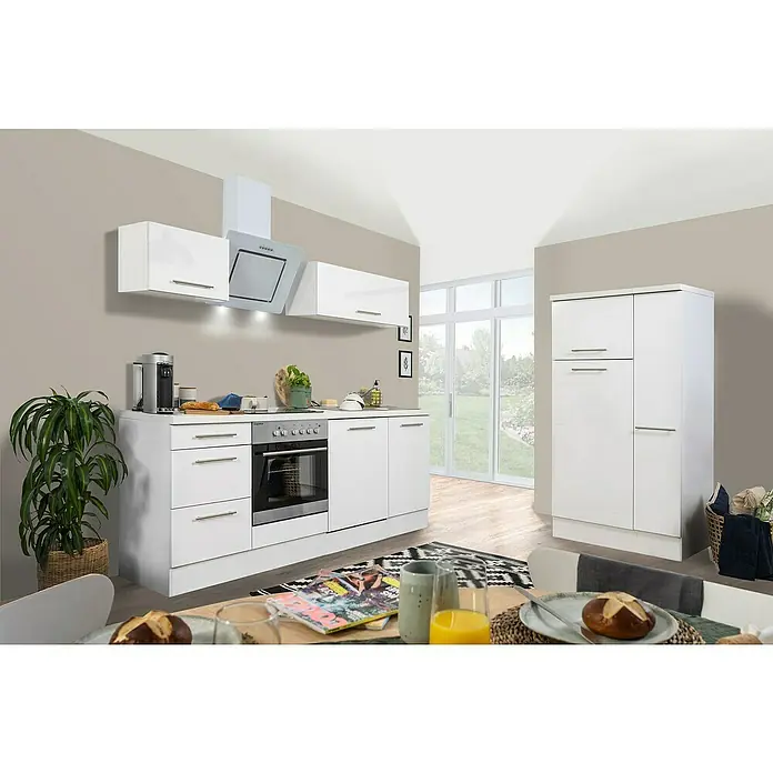 Respekta Premium Küchenzeile RP310WWCBO - Breite: 310 cm, Weiß, Mit Elektrogeräten - Elegante Küche mit weißen Schränken, Dunstabzugshaube und modernen Geräten für ein stilvolles Kocherlebnis.