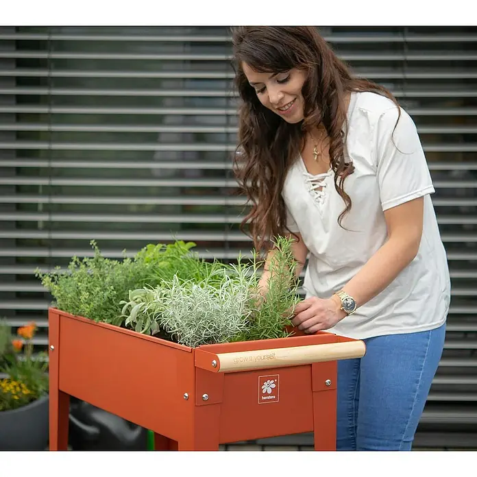 Herstera Garden Kräuterhochbeet Urban - L x B x H: 85 x 50 x 80 cm, Rost - Frau mit dem Herstera Erdbeerturm, einem Hochbeet aus Metall mit Kräutern bepflanzt, perfekt für Garten, Terrasse und Balkon.