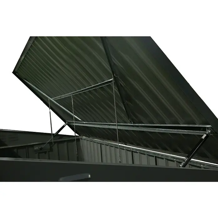 Mülltonnenbox - 100 x 172 x 131 cm, Wandstärke: 0,3 mm, Anthrazit - Detailaufnahme eines schwarzen Gartenmöbel-Aufbewahrungsschranks mit offenem Deckel, der die robuste Konstruktion zeigt.