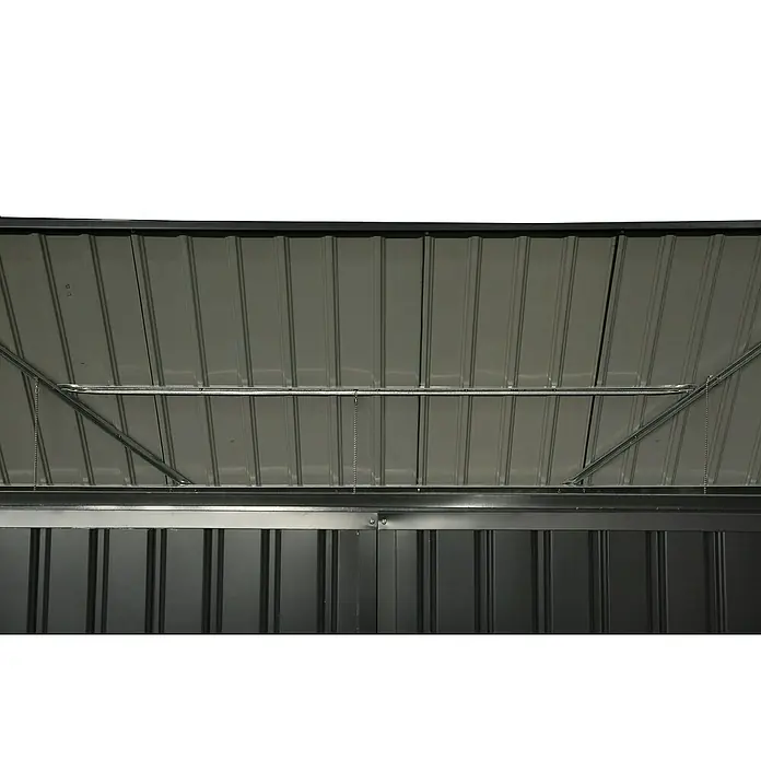Mülltonnenbox - 100 x 172 x 131 cm, Wandstärke: 0,3 mm, Anthrazit - Innenansicht eines Metallschuppens mit grauem Dach und stabilen Verstrebungen, die langlebige und wetterfeste Lagerung gewährleisten.