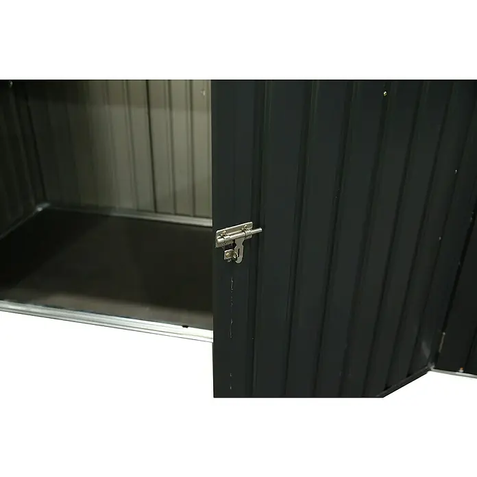 Mülltonnenbox - 100 x 172 x 131 cm, Wandstärke: 0,3 mm, Anthrazit - Detailansicht einer abschließbaren Metall-Gartenbox mit einer soliden Tür und einem robusten Riegel für sichere Aufbewahrung im Außenbereich.