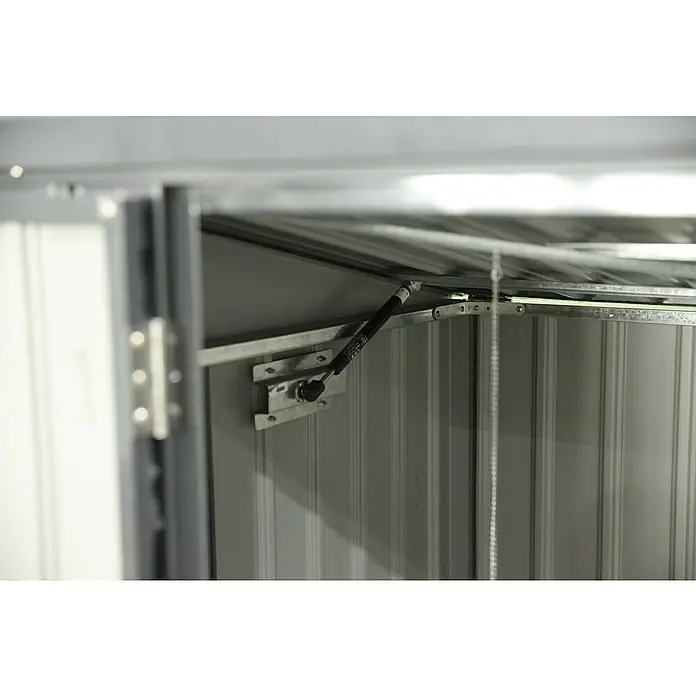 Mülltonnenbox - 100 x 172 x 131 cm, Wandstärke: 0,3 mm, Anthrazit - Nahaufnahme eines geöffneten Metallschranks mit Gasdruckfeder zur Unterstützung der Tür. Ideal für Garage oder Werkstatt.