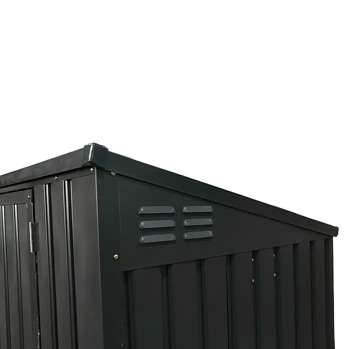 Mülltonnenbox - 100 x 172 x 131 cm, Wandstärke: 0,3 mm, Anthrazit - Detailansicht eines Gerätehauses mit Lüftungsschlitzen. Das Design ist modern und funktional für Garten und Außenbereich.