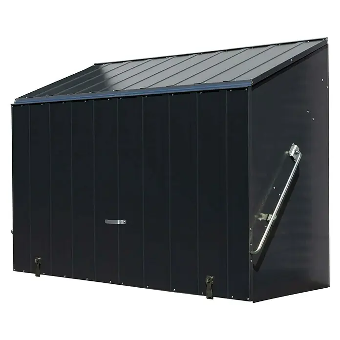 Trimetals Fahrradgarage - 185 x 76 x 139 cm, Stahl - Abgebildeter Fahrradschuppen in Anthrazit mit abschliessbarer Tür und schrägem Dach bietet sichere Aufbewahrungslösung.