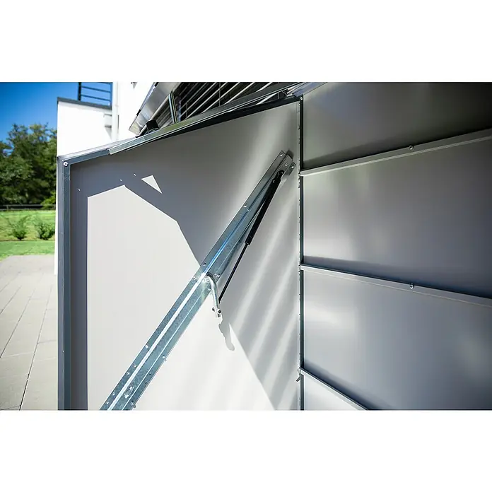 Trimetals Fahrradgarage - 185 x 76 x 139 cm, Stahl - Detailansicht eines geöffneten, grauen Metallschranks mit Gasdruckfeder, ideal für den Außenbereich zur Aufbewahrung.