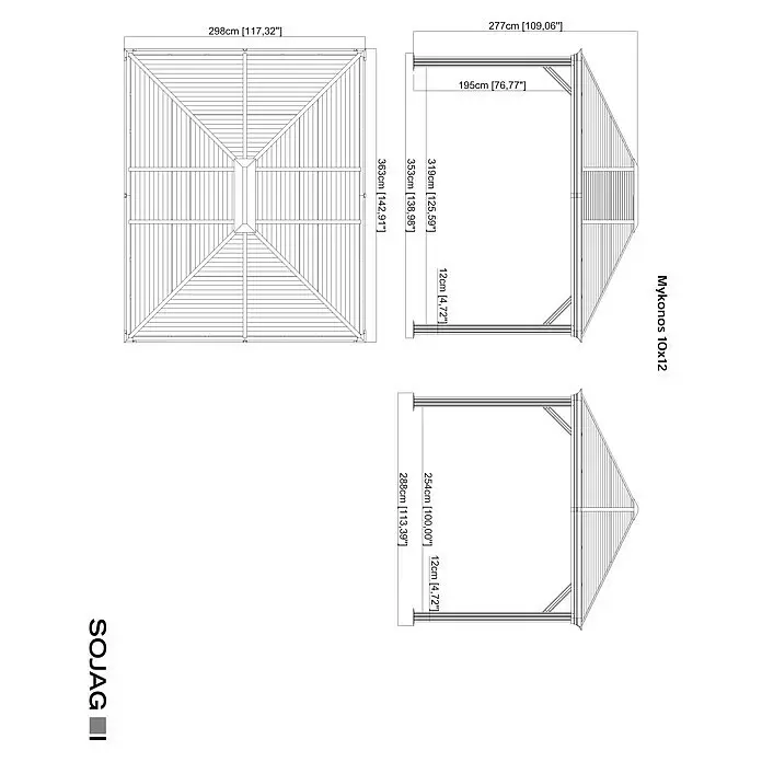 Sojag Standard-Pavillon Mykonos 10x12 - B x T: 364 x 299 cm, Anthrazit, Aluminium - Technische Zeichnung eines Mykonos 10x12 Pavillons mit Draufsicht, Vorder- und Seitenansicht und Maßen.