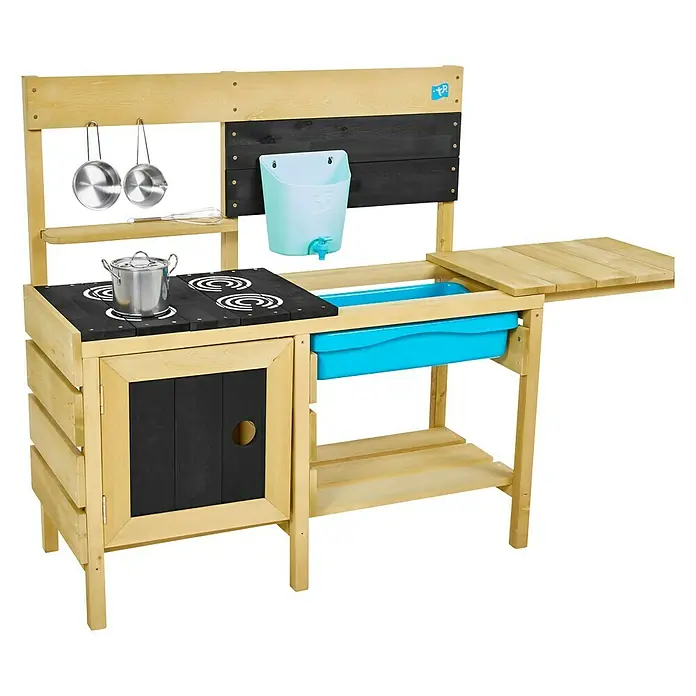TP Toys Matschküche Deluxe - 40 x 136 x 96 cm, Holz, Natur - Holzkinderküche mit Kochfeld, Spüle und Zubehör, perfekt für fantasievolles Spielen im Freien. Fördert Kreativität und soziale Kompetenzen.
