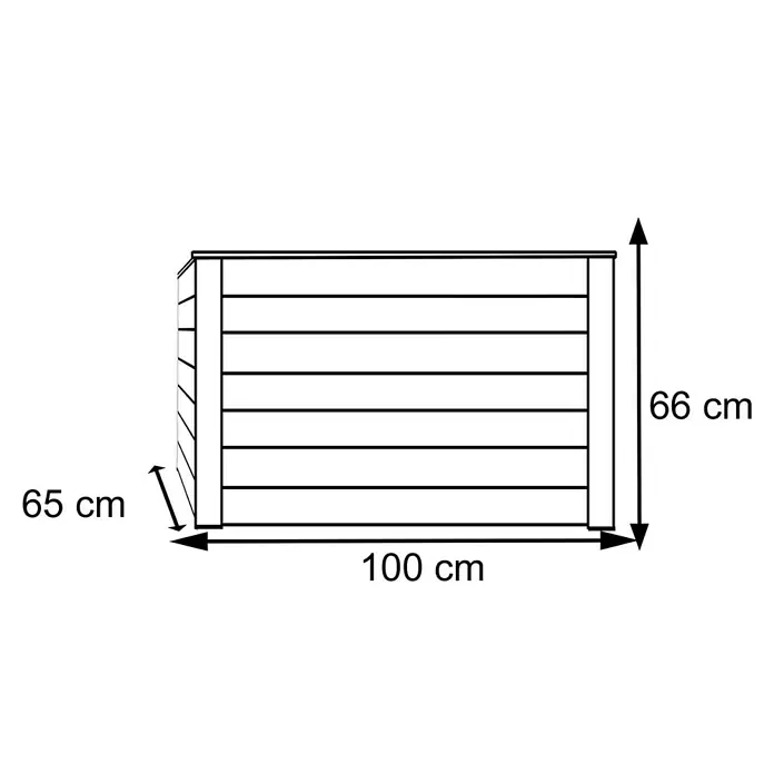 Westmann Hochbeet Lärche 100 - 100 x 65 x 66 cm, Holz, Natur - Schemazeichnung einer Holzkiste mit den Maßen 100 x 65 x 66 cm, ideal zur Aufbewahrung von Gartenutensilien oder Werkzeugen.