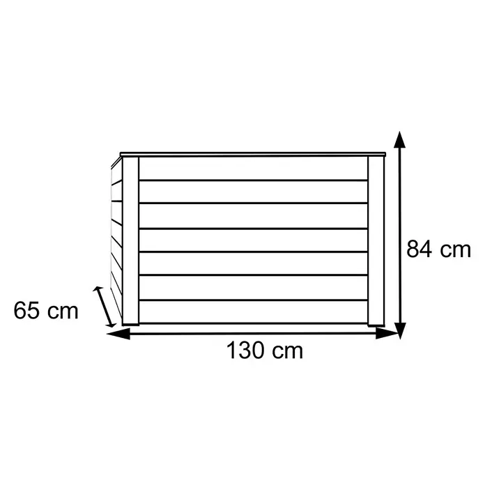 Westmann Hochbeet Lärche 130 - 130 x 65 x 84 cm, Holz, Natur - Abbildung eines Gartenhauses mit den Maßen 130 cm Breite, 84 cm Höhe und 65 cm Tiefe.