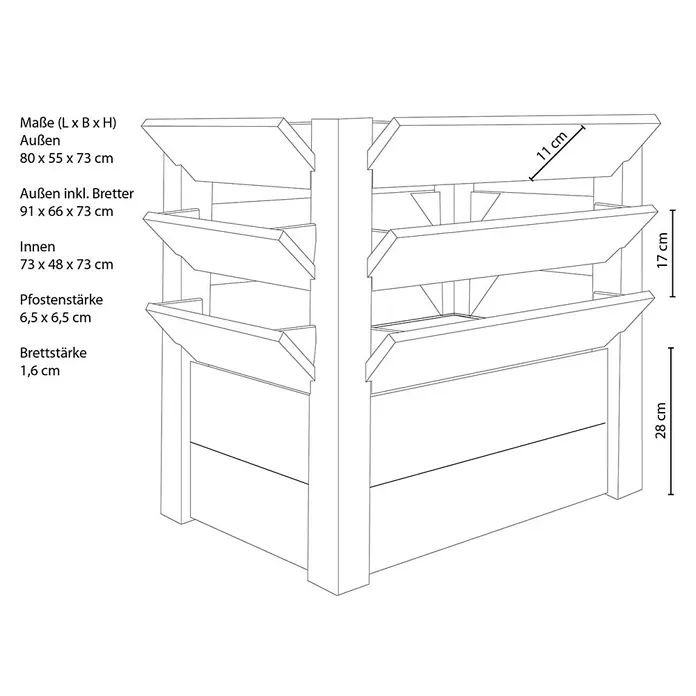 Westmann Hochbeet Premium XL - 90 x 65 x 73 cm, Holz, Natur - Schema eines dreistufigen Pflanzkastens aus Holz mit Maßangaben für Außenmaße, Innenmaße, Pfosten- und Brettstärke.