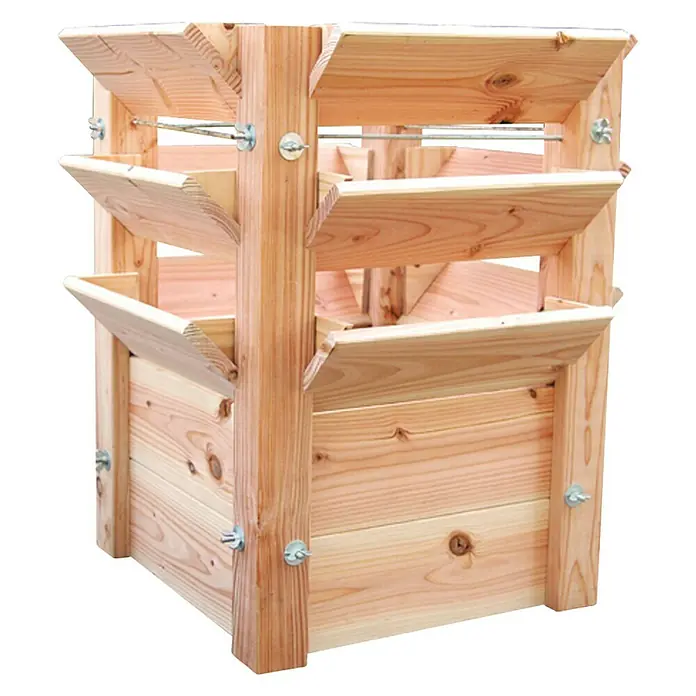 Westmann Hochbeet Premium L - 65 x 65 x 73 cm, Holz, Natur - Das Bild zeigt einen hölzernen vertikalen Pflanzer mit mehreren Ebenen, ideal für den Anbau von Kräutern oder Blumen auf kleinem Raum.