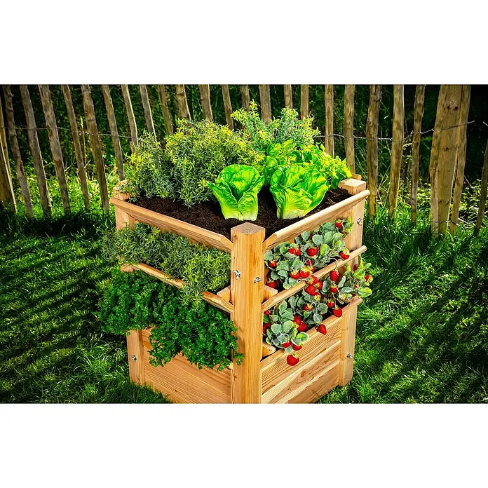 Westmann Hochbeet Premium L - 65 x 65 x 73 cm, Holz, Natur - Mehrstöckiger Kräutergarten aus Holz mit Salat, Kräutern und Erdbeeren auf dem Rasen vor dem Zaun.