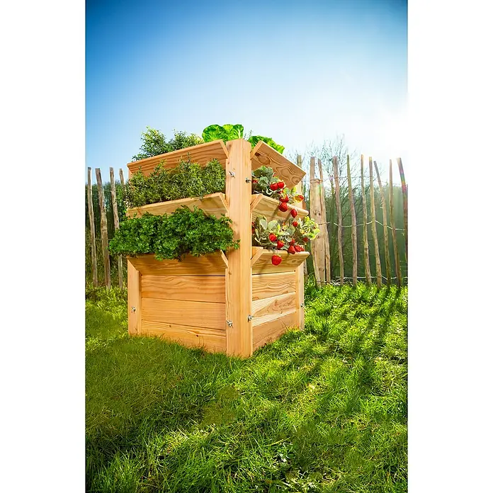 Westmann Hochbeet Premium L - 65 x 65 x 73 cm, Holz, Natur - Dreistöckiger vertikaler Pflanzkasten aus Holz mit Erdbeeren, Salat und Kräutern im Garten.