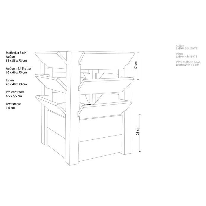 Westmann Hochbeet Premium L - 65 x 65 x 73 cm, Holz, Natur - Abbildung eines Blumenkastens mit Maßen.