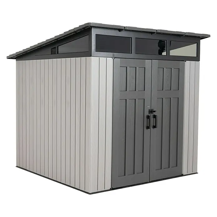 Lifetime Gerätehaus Merkur - 254 cm, 254 cm, Kunststoff, Grau - Bild eines grauen Gartenhauses mit Doppeltür, grauer Bedachung und transluzenten Oberlichtern, ideal für die Lagerung im Außenbereich.