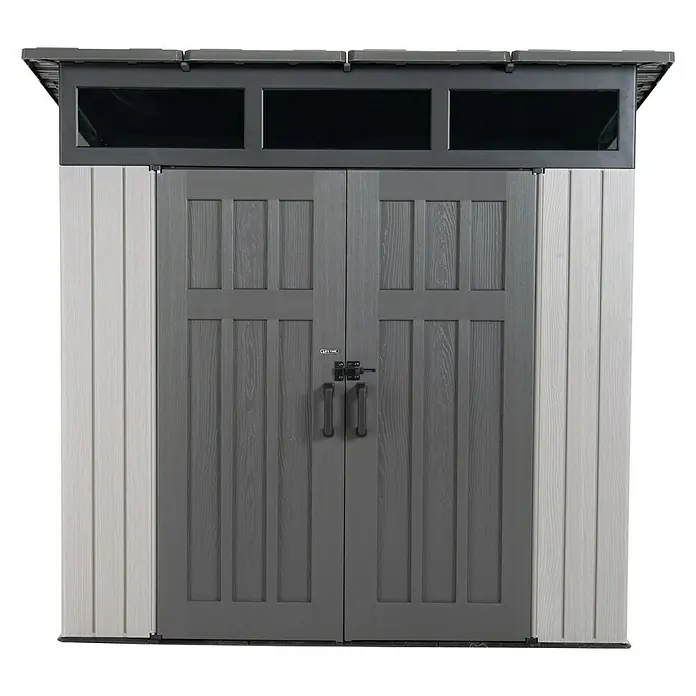 Lifetime Gerätehaus Merkur - 254 cm, 254 cm, Kunststoff, Grau - Diese Abbildung zeigt ein graues Gerätehaus mit Doppeltüren, das ideal für die Lagerung im Außenbereich ist. Es bietet viel Stauraum und ist wetterbeständig.