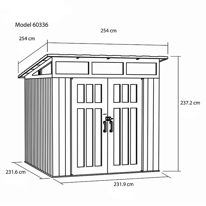 Lifetime Gerätehaus Merkur - 254 cm, 254 cm, Kunststoff, Grau - Bild einer Gartenlaube Modell 60336 mit den Maßen 254 x 254 x 237,2 cm (Höhe), 231,6 x 231,9 cm (Boden).