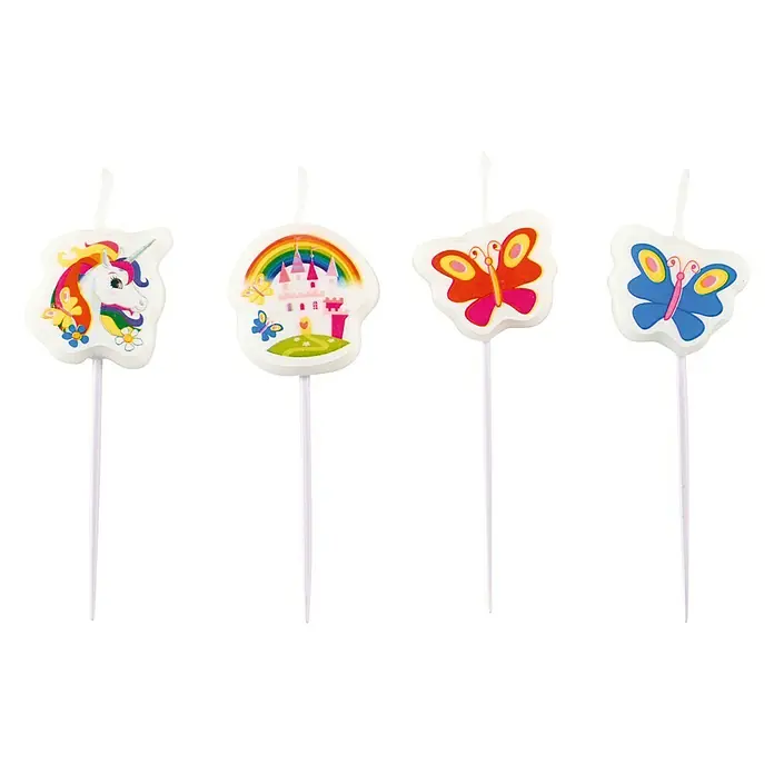 Dekokerze Mini-Figurenkerzen - 4 -tlg., Einhorn - Vier fantasievolle Geburtstagskerzen mit Einhorn, Schloss und Schmetterlingen, perfekt für eine magische Feier.