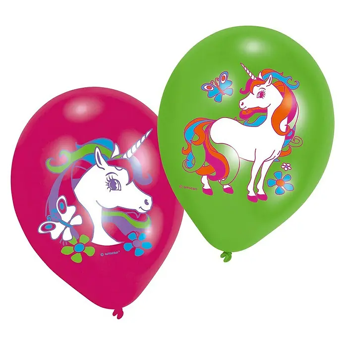 Luftballon - 6 Stk., Bunt, Einhorn, Durchmesser: 27,5 cm - Zwei Einhorn-Luftballons in Pink und Grün mit farbenfrohen Einhorn-Motiven, ideal für Kindergeburtstage und Märchenpartys.