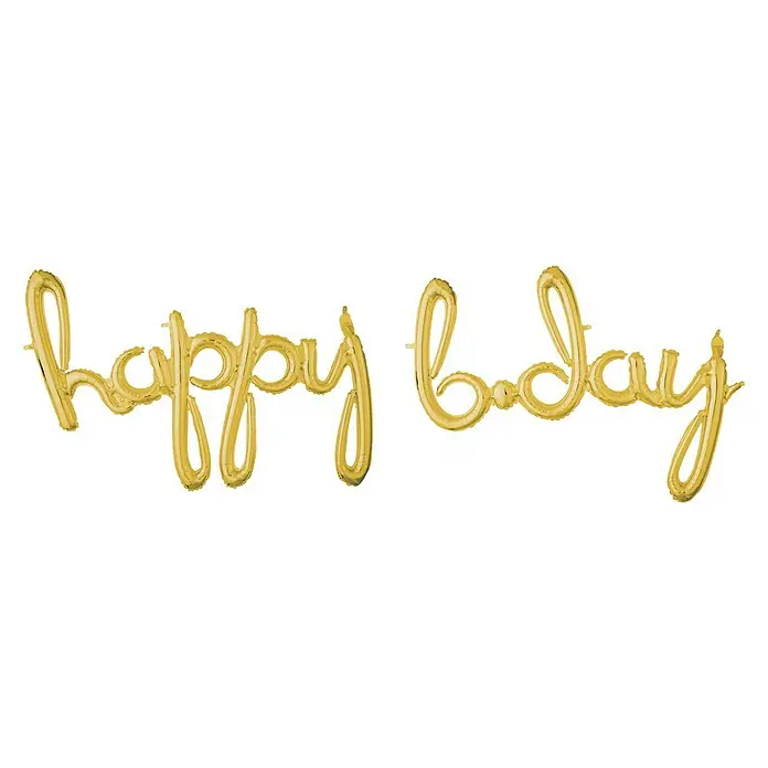 Luftballon Schriftzug - 1 Stk., Gold, Happy B-Day, B x L: 68 x 192 cm - Goldene "Happy B-Day" Buchstabenballons vor schwarzem Hintergrund, ideal für Geburtstagsdekorationen.