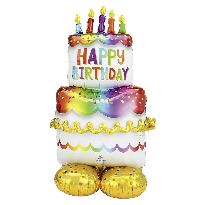 Luftballon Airloonz - 1 Stk., Bunt, Geburtstagskuchen, 127 cm - Bunter "Happy Birthday"-Folienballon in Form einer Torte mit Kerzen, ideal für Geburtstagsfeiern und als lustige Dekoration.