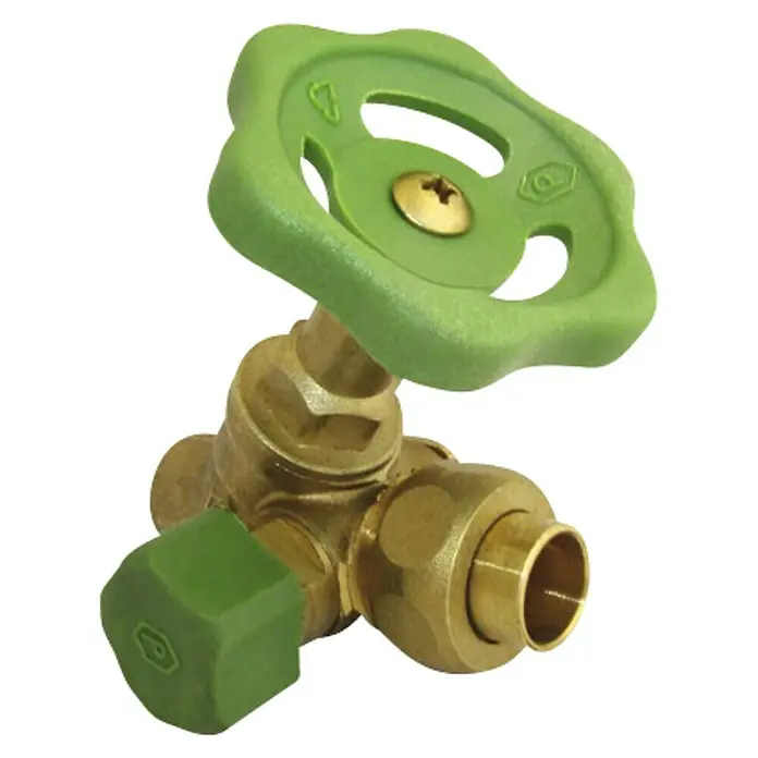 Schrägsitzventil - 12 mm, Lötanschluss, Mit Entleerung - Detailaufnahme eines grünen Messing-Absperrventils mit robustem Design, ideal für Sanitäranwendungen.