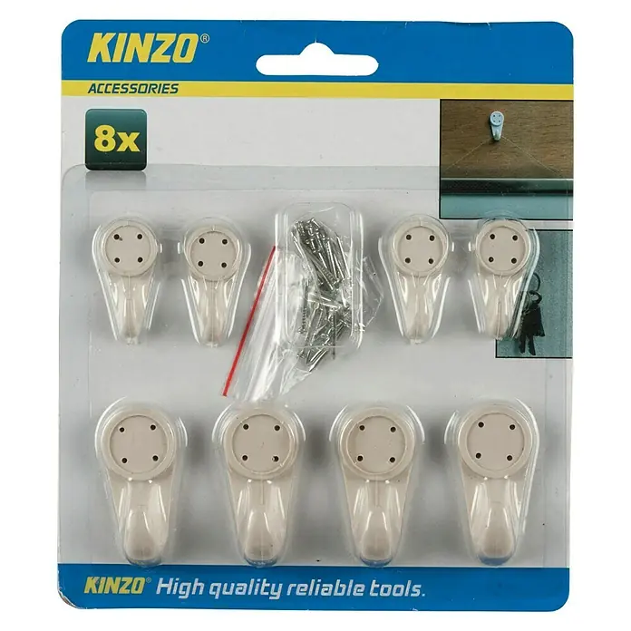 Gancho para colgar - 8 ud., Blanco - Paquete de ocho ganchos para accesorios Kinzo para un fácil montaje en paredes y techos para guardar accesorios.