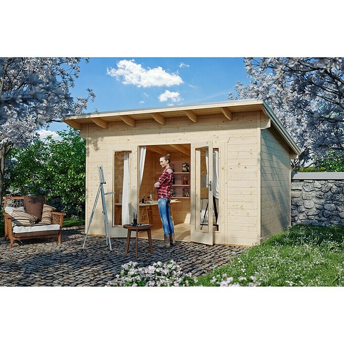 SKAN HOLZ Gartenhaus Ostende (Außenmaß inkl. Dachüberstand (B x T): 440 x 380 cm, Holz, Natur, 12 m²) | BAUHAUS