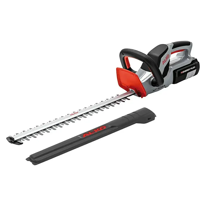 AL-KO 36V Akku-Heckenschere HT 4055 - 36 V, Li-Ionen, Ohne Akku, Schnittlänge: 55 cm - Akkubetriebene AL-KO HT 4055 Heckenschere mit grauem Griff und rotem Schutz zum Trimmen von Hecken und Sträuchern im Garten.
