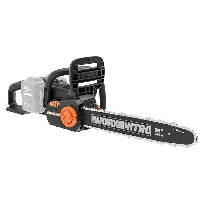 Worx PowerShare 20V Akku-Kettensäge WG385E.9 - 20 V, Li-Ionen, Ohne Akku, Schwertlänge: 40 cm - Die WORX Nitro Akku-Kettensäge mit 40V und 40cm Schwertlänge für effiziente Holzarbeiten. Ein kraftvolles Werkzeug für Garten und Forst.